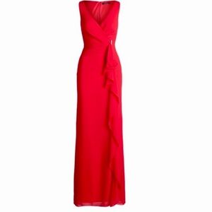 NWT‎ Lauren Ralph Lauren Red-Berry Ruffle Trim Georgette Dress